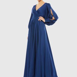 NWT | Mac Duggal 67847 Midnight Blue Flowy Split Bishop Sleeve Faux Wrap Gown 6